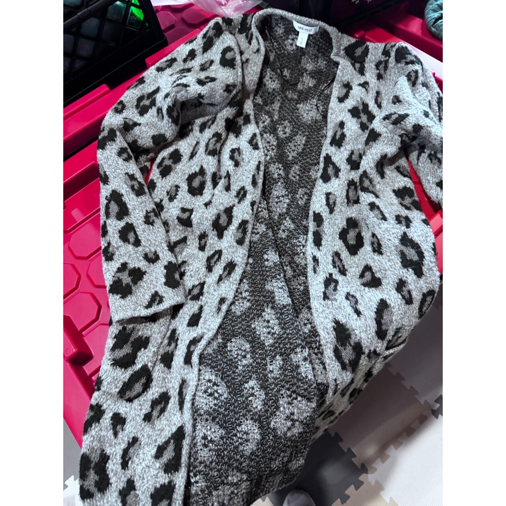 Nine West Womens Gray Leopard Print Open Front Cardigan Sweater Size S Animal
